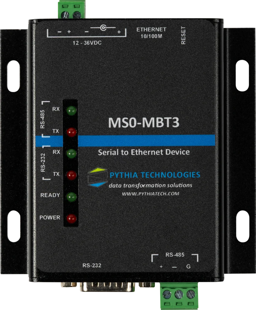 MS0-MBT3 panel-mount Modbus TCP gateway with RS-232 and RS-485