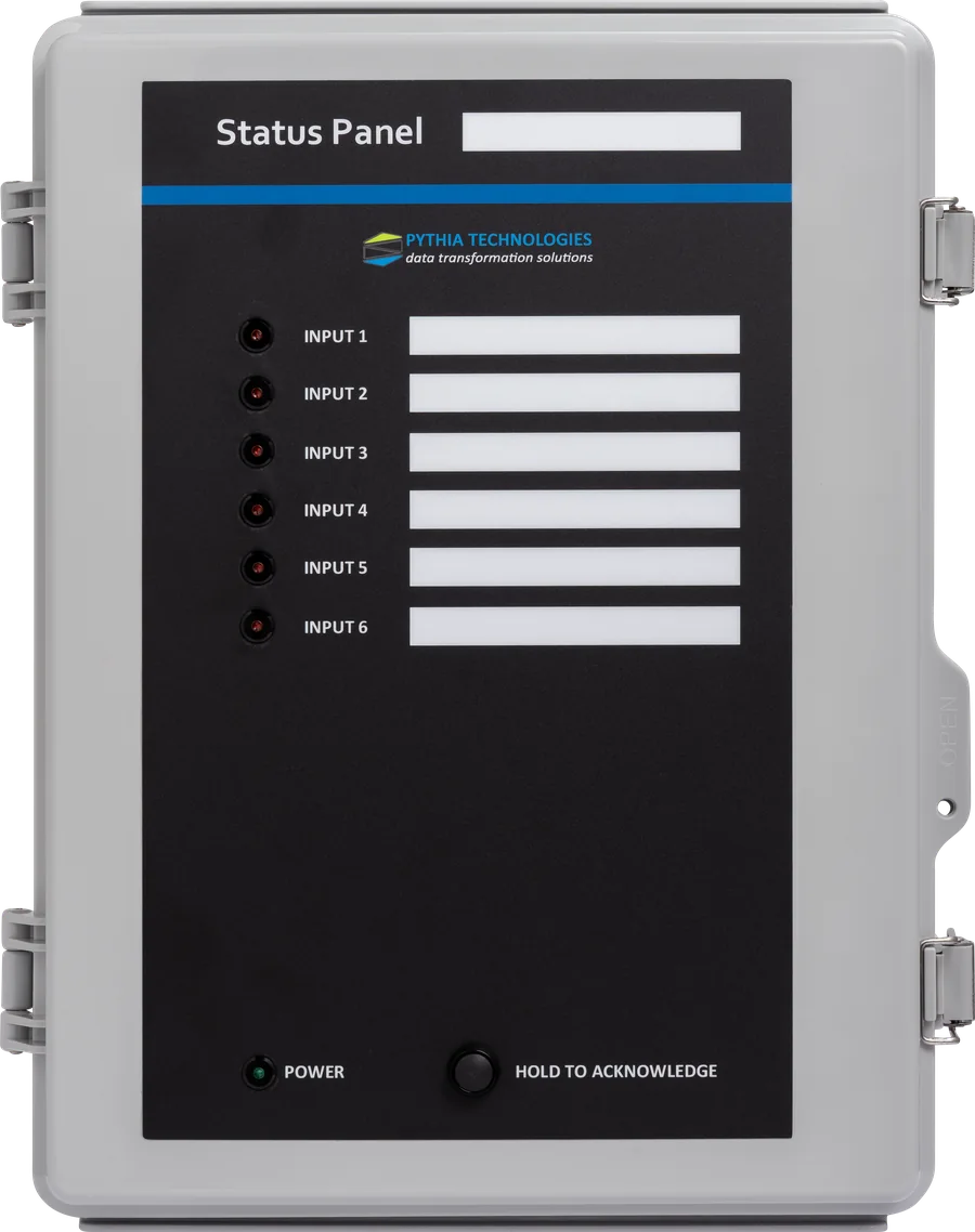 Pythia Remote Leak Detection Panel with six labeled leak zones, one in alarm