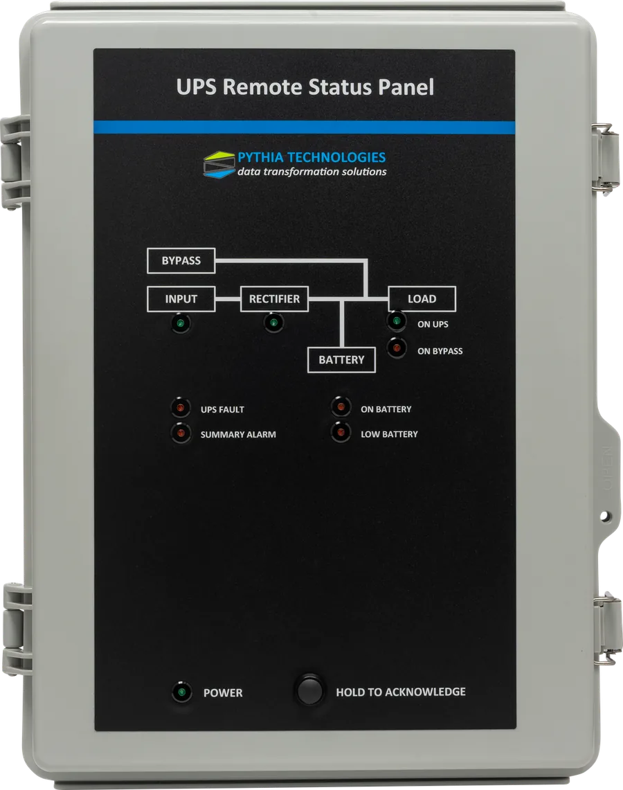 Pythia UPS Remote Status Panel with LEDs for On UPS, On Bypass, On Battery, Low Battery, UPS Fault and Summary Alarm