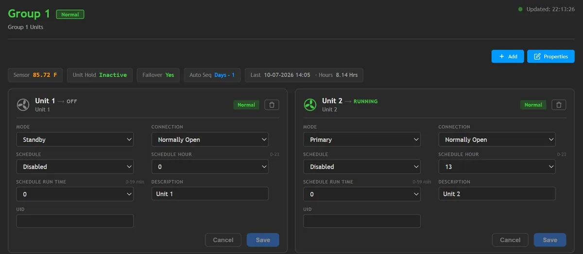 Smart Panel AC4 configuration console group page with unit mode, relay and schedule settings