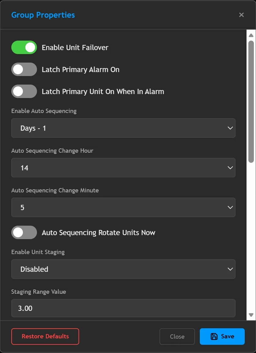 Smart Panel AC4 group settings for failover, auto changeover and temperature staging