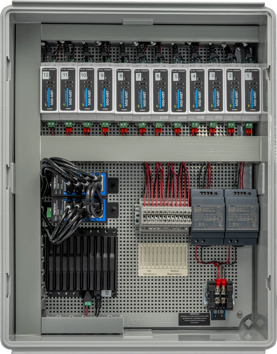 Pythia Smart Panel IGM interior with twelve Liebert IGM channels, DM processor, Ethernet switch and dual 24 VDC supplies